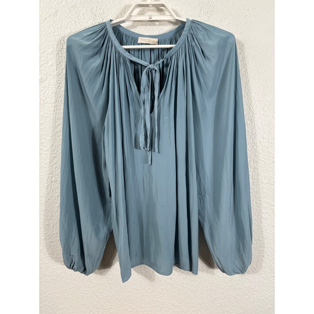 Ramy Brook Blouse Women Small‎ Blue Tie Neck Pleated Balloon Sleeve Boho